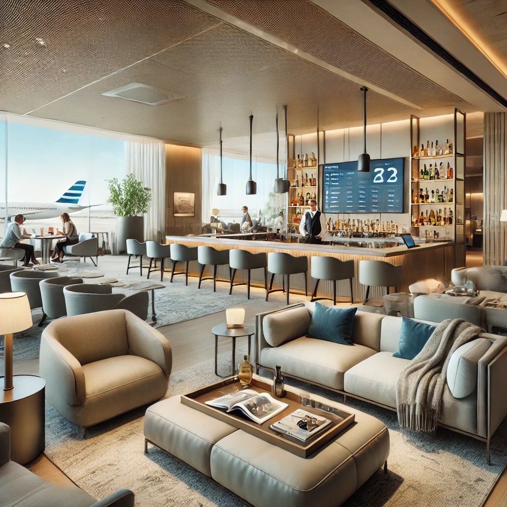A luxurious airport lounge featuring comfortable seating, a bar with drinks and snacks, a work area with travelers using laptops, and a large window overlooking the runway with planes taking off