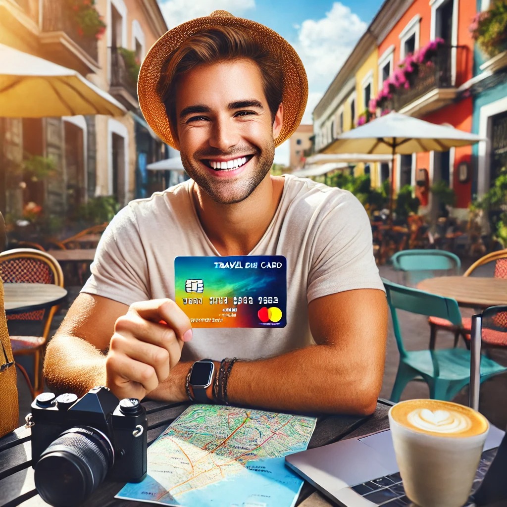 A smiling traveler sitting at an outdoor café in a foreign country, holding a travel credit card. A laptop, passport, map, and backpack suggest a trip well-planned and financed