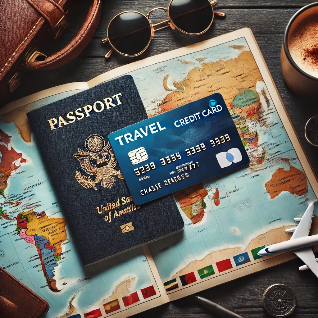Open passport with a travel credit card on a dark wooden table, with a world map in the background
