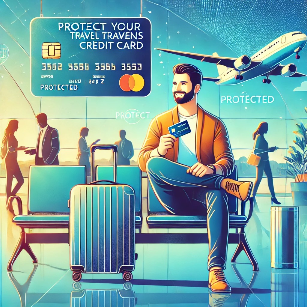 A traveler sitting in an airport holding a travel credit card, with a suitcase beside them labeled 'Protected' or 'Secure.' The background features airplanes and people, creating a travel ambiance