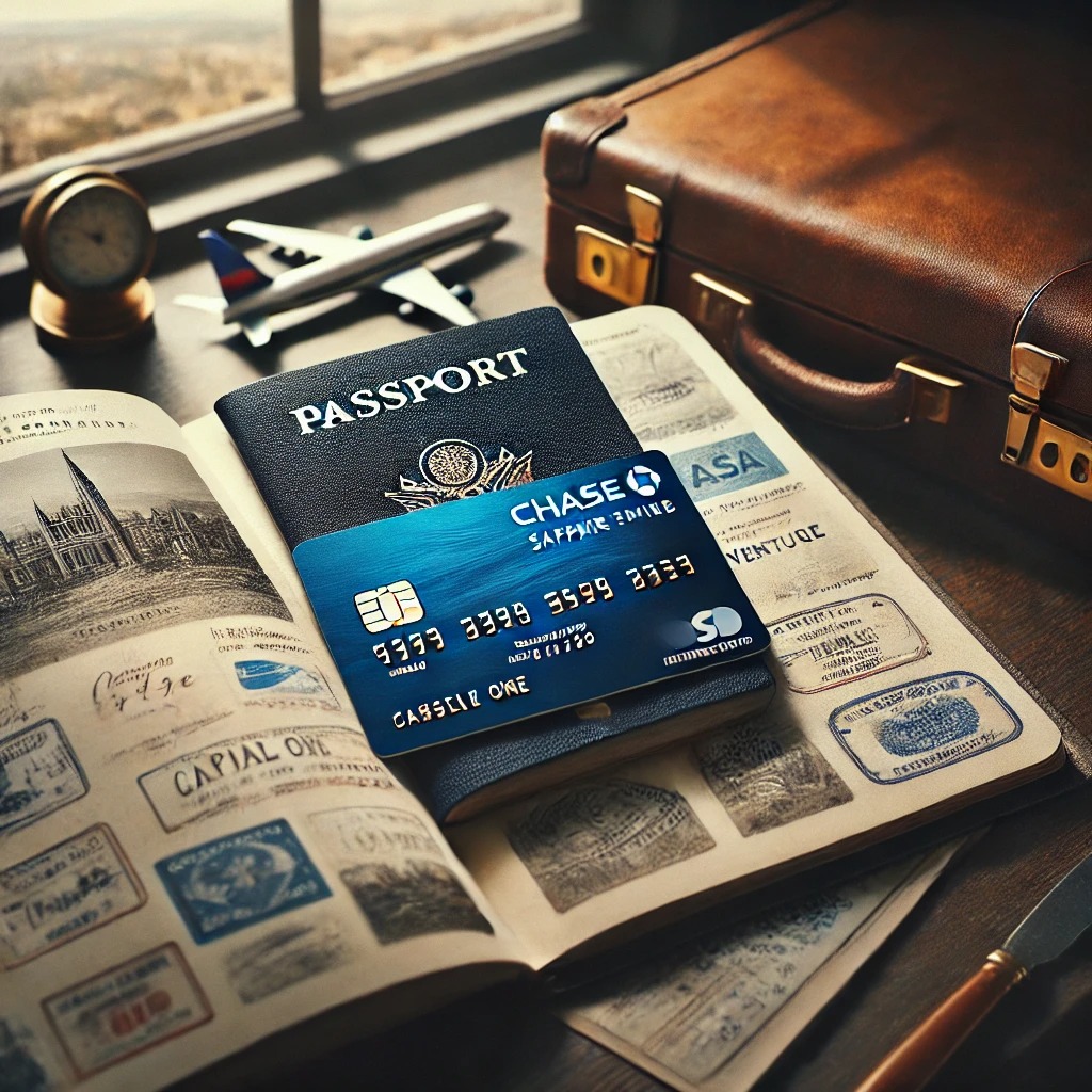 An open passport with a travel credit card on a dark wooden table, with a window in the background showing a cityscape or natural landscape