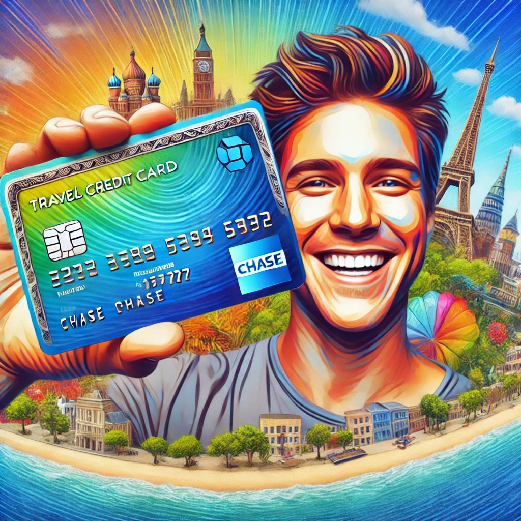 A cheerful young traveler smiling and holding a travel credit card in their right hand, with a vibrant cityscape or tourist landmark in the background