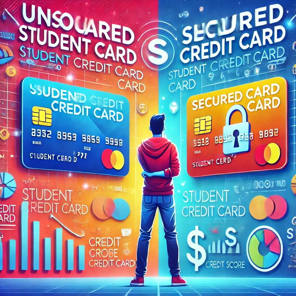 Comparison of a secured and an unsecured student credit card, highlighting key differences and benefits for students with no credit history.